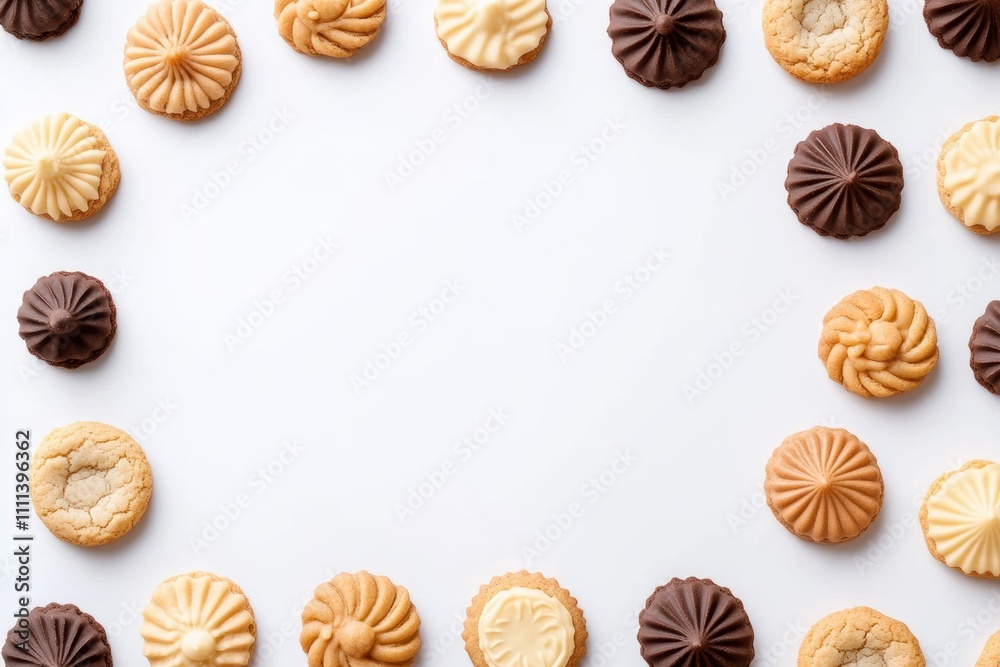 Poster Variety of sweets and cookies is beautifully arranged on a clean white background, offering a perfect blank space for adding text or messages. Generative AI
