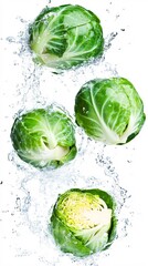 Obraz premium chopped four pieces of brussels sprouts flying through the air with a splash, the background is cleanly lit and the water is transparent