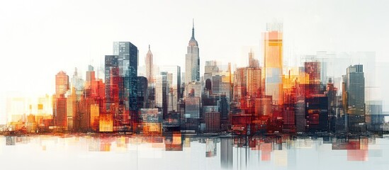 Fototapeta premium A colorful cityscape with tall buildings, skyscrapers, and a reflection in the water.