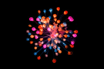 A colorful firework display with many different colored balloons