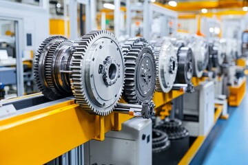 Close-Up View of Industrial Machinery Components in a Modern Manufacturing Facility with Gears and Cogs Aligning on a Production Line