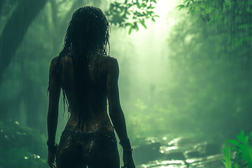 Fototapeta premium A Solitary Figure in the Rainforest Downpour: A Woman's Journey Through Lush Greenery