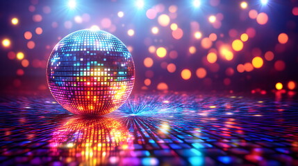 Dynamic disco ball display dance floor digital art nightclub eye-level vibrant color reflections