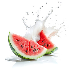 fresh watermelon slace with milk splash isolated on white background