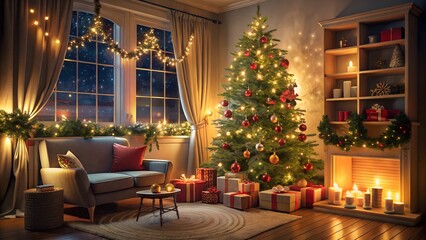 Christmas backdrop in the house interior with tree, gifts and lights in cinematic scene at night