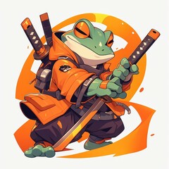 Orange-clad frog samurai with two katanas.