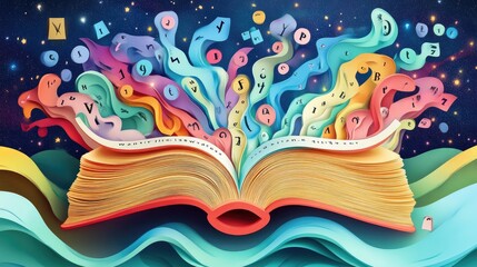 Obraz premium A whimsical open book in paper cut style, with letters and digits spiraling outward in colorful layers