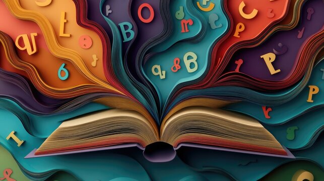 A whimsical open book in paper cut style, with letters and digits spiraling outward in colorful layers