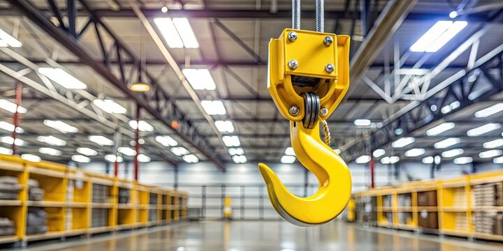 Yellow crane hook assembly hanging under shop ceiling, crane, hook, assembly, yellow, hanging, ceiling, shop