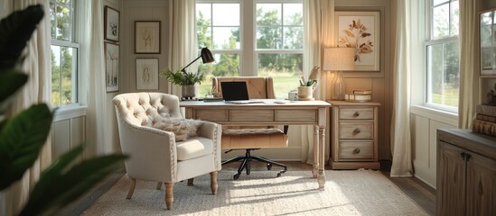 A well-lit home office with a white upholstered armchair, a wooden desk, a lamp, a laptop, a window with a view of nature, and a side cabinet.