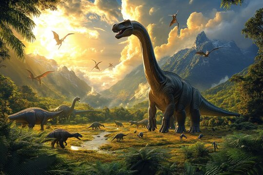 Fototapeta Dinosaurs in Prehistoric Landscape with Brachiosaurus in Lush Green Habitat under Golden Hour Sunlight