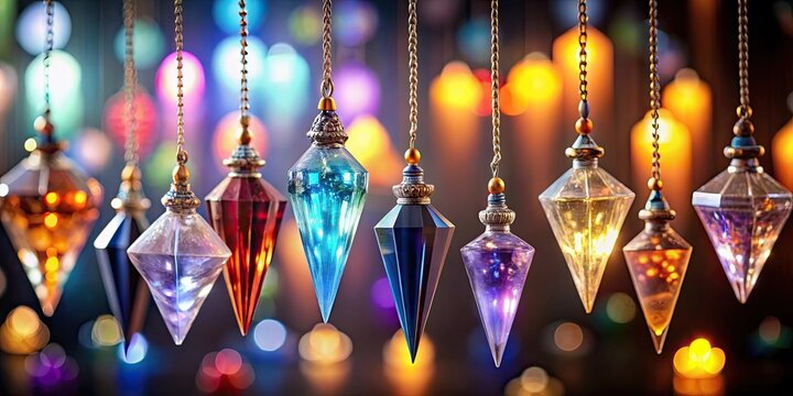 Assorted crystal pendulums illuminated by light , crystals, pendulums, assorted, showcase, light, bright, shiny