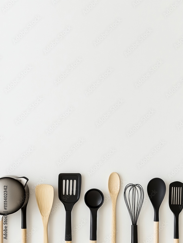 Poster Various kitchen utensils such as spatulas, whisks, and spoons are neatly arranged on a white background, providing ample space for additional text. Generative AI