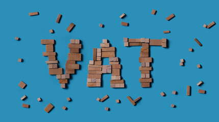 “VAT” word made of wooden blocks on blue background, top view