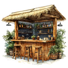 Watercolor illustration of a rustic beach bar with thatched roof, wooden stools, and tropical plants.