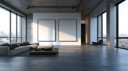Fototapeta premium Modern Minimalist Living Room with Expansive Windows and Blank Canvas Wall Art in an Urban Setting, Showcasing Sleek Design and Open Space for Creativity