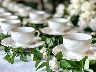 Elegant tea setup with white cups and green foliage - ai