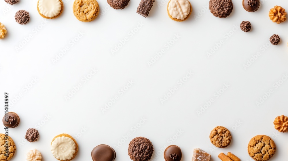 Poster a variety of colorful and tempting sweets and cookies is arranged on a clean white background, provi