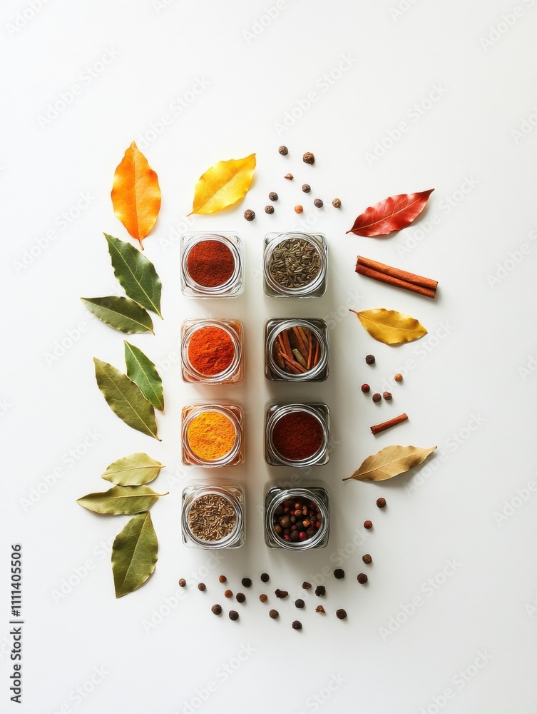 Aufkleber A vibrant arrangement of small spice jars along with bay leaves and cinnamon sticks creates a charming and aromatic display. Generative AI