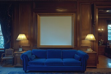 Cozy Indoor Living Space Featuring Elegant Blue Sofa, Warm Table Lamps, and Classic Wooden Paneling in a Timeless Home Environment
