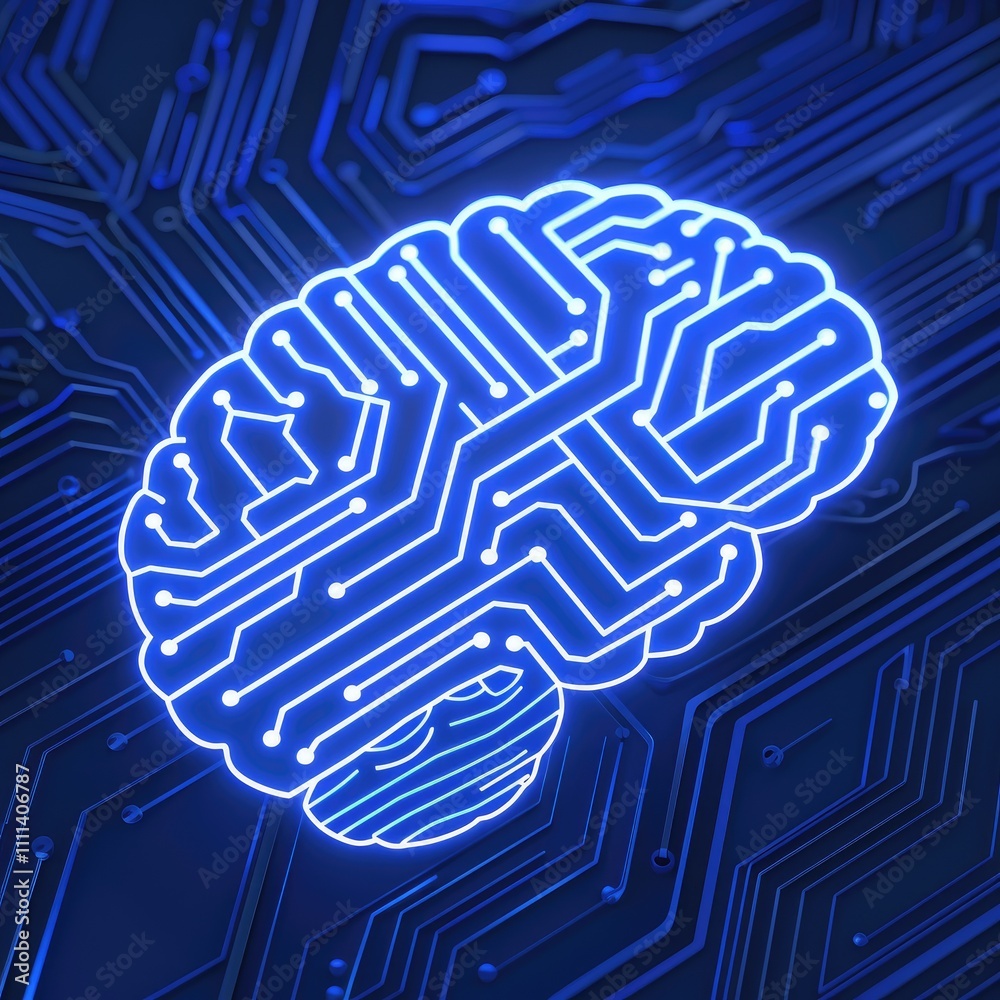 Poster a glowing blue brain design with circuit patterns, symbolizing the intersection of technology and in