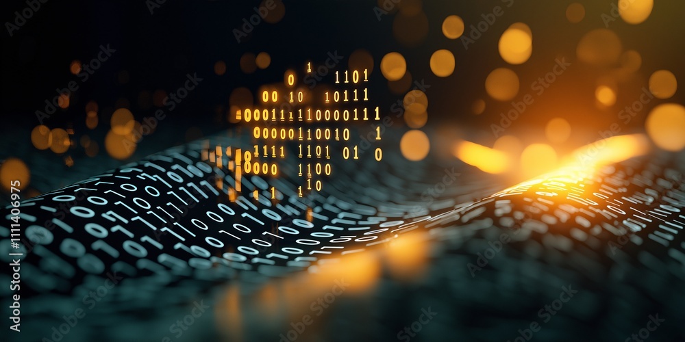 Poster capturing the essence of a stream of binary code flowing through a dynamic green landscape with glow