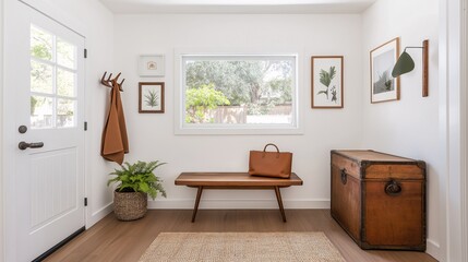 Fototapeta premium Modern Entryway Design Featuring Stylish Coat Rack, Wooden Bench, Decorative Plants, and Vintage Storage Box in Bright Natural Light