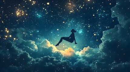 Ethereal Woman Sitting Amongst Stars and Clouds in a Dreamy Night Sky, Surrounded by Twinkling Lights and Mystical Atmosphere for Enchanting Imagery