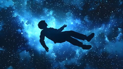 Fototapeta premium Silhouette of a Child Floating in a Cosmic Space with Stars and Nebula in the Background, Evoking Wonder and Imagination in a Galaxy Setting