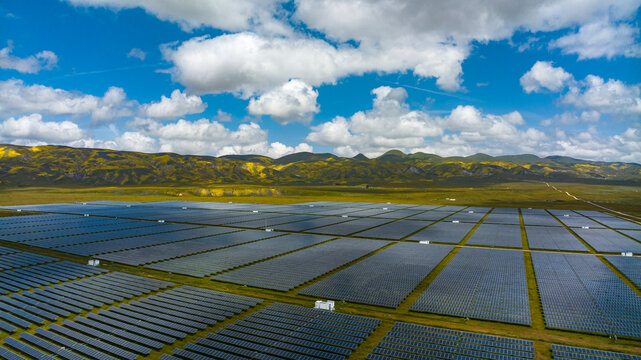 APRIL 2023, CARRIZO PLAIN NATIONAL MONUMENT, aerial of California Solar Plant in the Cuyama area of Southern California