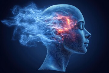 Abstract representation of a serene female face with colorful smoke and light patterns emanating from the head symbolizing creativity, thoughts, and imagination.