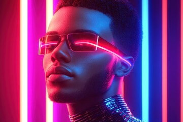 Stylish individual with futuristic eyewear illuminated by vibrant neon lights on a striking backdrop, showcasing modern fashion and artistic expression in a dynamic composition