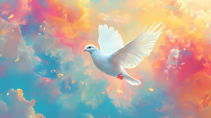 Fototapeta premium Surreal white dove in flight against a dreamlike background of floating clouds and vivid colors, symbolizing peace and freedom in a whimsical landscape. Etherealism. Illustration