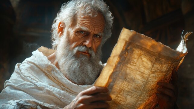 Ancient Sage Reading Biblical Manuscript in Baroque Style with Chiaroscuro Lighting and Detailed Background