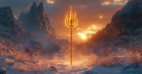Golden Trident of Lord Shiva in Snowy Mountains at Dawn, Symbol of Hinduism and Tradition