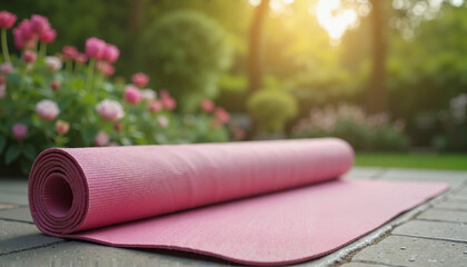 Obraz premium Pink yoga mat in a garden at sunset
