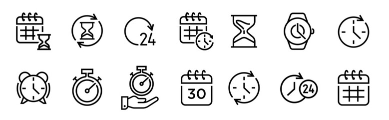 Time and Clock line icon set. Date and Hour filled icons. Watch solid vector sign collection.
