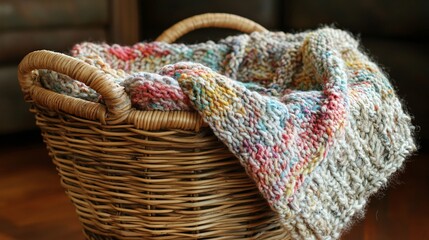 Obraz premium Wicker basket with knitting yarn on blurred background, closeup view.
