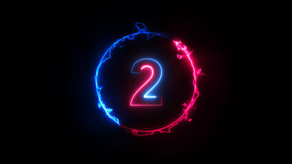 Neon, Glowing 2 number icon. text 2 number. one neon lighting with circle background. 3D two number with neon texture realistic modern design.