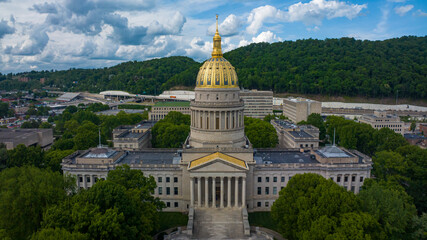 MAY 8, 2023 - CHARLESTON, WEST VIRGINIA, USA - State Capitol of West Virginia features Kanawha River