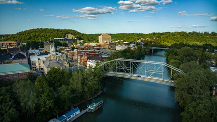 MAY 9, 2023 - FRANKFORT KENTUCKY skyline on Kentucky River an aerial view of Frankfort Kentucky