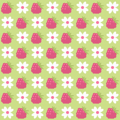 Simple summer pattern with flowers and raspberries. Geometric retro print for curtain, tablecloth, textile and fabric. Hand drawn background for decor and design.