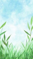 Abstract background with green grass and blue sky.
