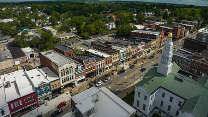 MAY 9, 2023 - WINCHESTER, KENTUCKY - aerial view of historic small town of Winchester with Town Clocktower and historic storefronts and buildings