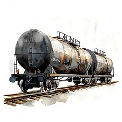 Watercolor painting of two rusty tank cars on a railway track.