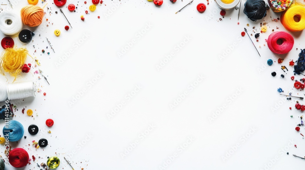 Aufkleber Colorful sewing essentials like threads, buttons, and needles are arranged on a white surface, providing generous space for custom text or notes. Generative AI