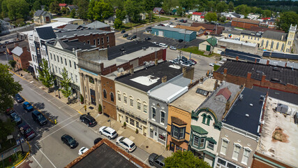 MAY 9, 2023 - MOUNT STERLING KENTUCKY - aerial view of historic small Kentucky town and storefronts in Mount Sterling Kentucky