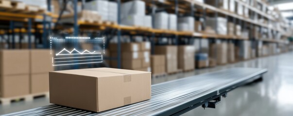A cardboard box on a conveyor belt in a warehouse, with digital graphics overlaying, indicating data or tracking information.