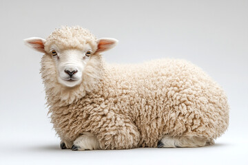 Fototapeta premium Fluffy Sheep Lamb Sitting Against White Background