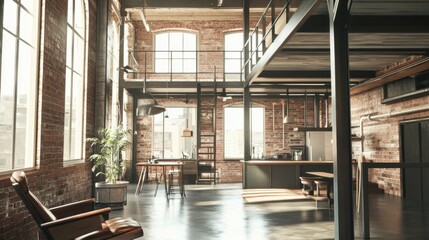 Fototapeta premium An industrial interior shot of a factory converted into loft apartments, with exposed brick and steel beams, Loft conversion scene